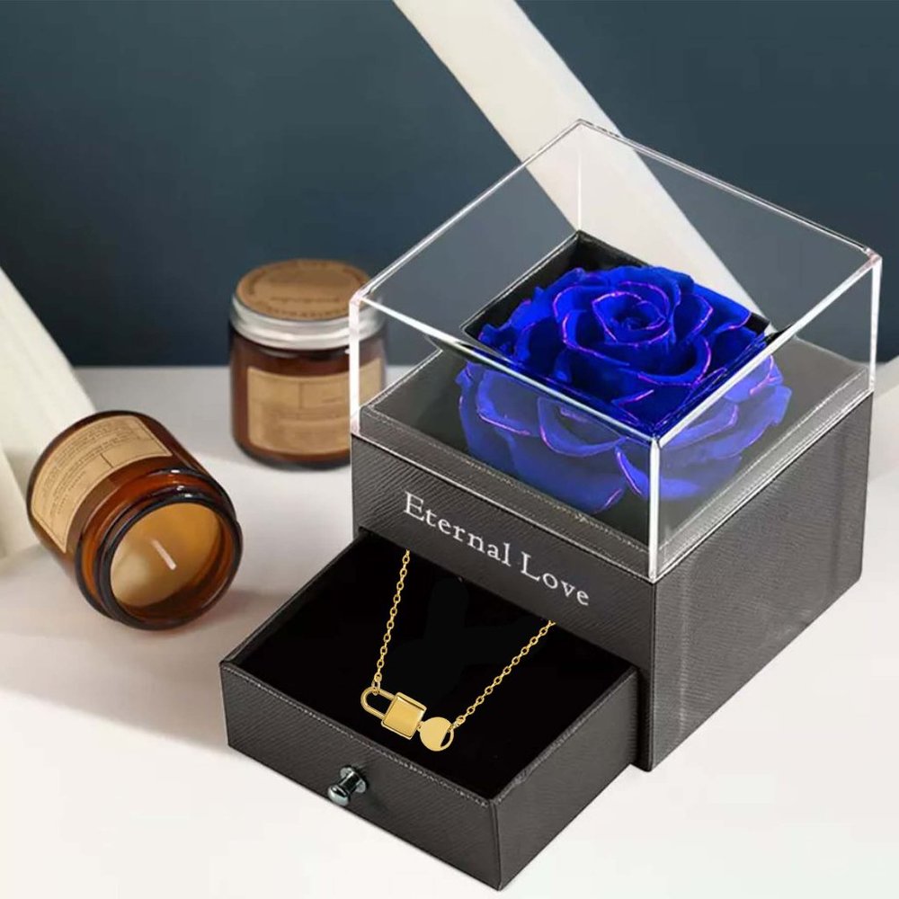 Preserved Rose Flower In a Acrylic Box with 18K Gold Plated Lock Key Necklace